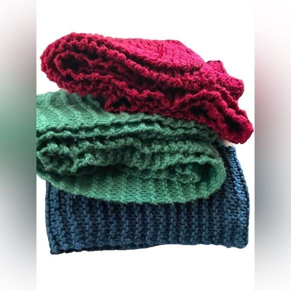 Knit Scarves - Vntg. 3 Homemade Red - Blue - Green - Picture 1 of 7